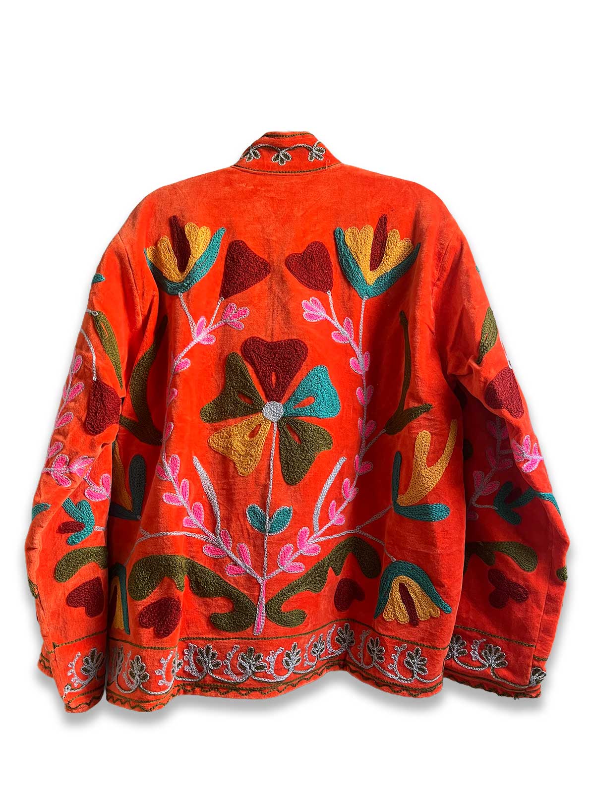 Orange Velvet Suzani Embroidered Womens Jacket - Green, Yellow & Turquoise Pattern