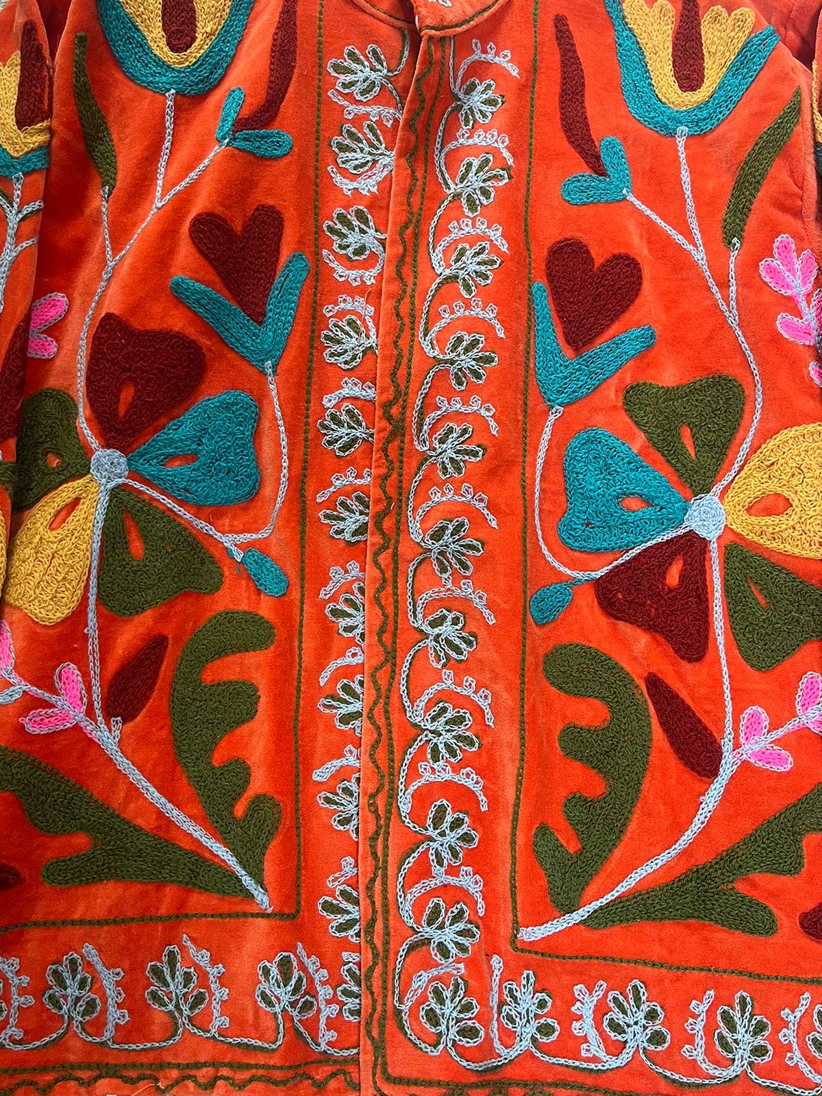 Orange Velvet Suzani Embroidered Womens Jacket - Green, Yellow & Turquoise Pattern