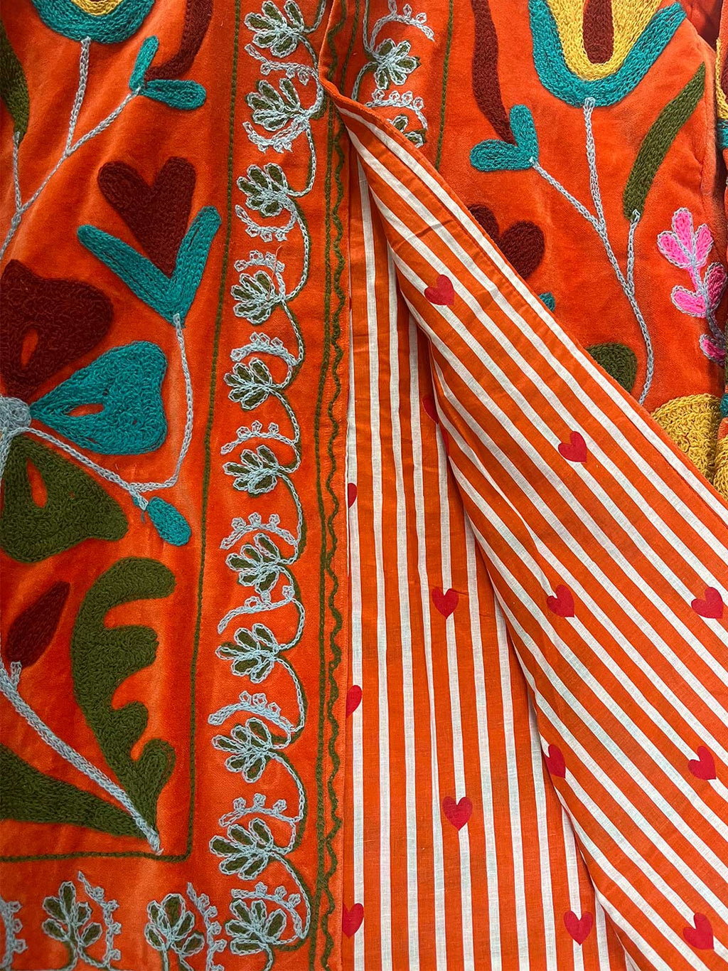 Orange Velvet Suzani Embroidered Womens Jacket - Green, Yellow & Turquoise Pattern