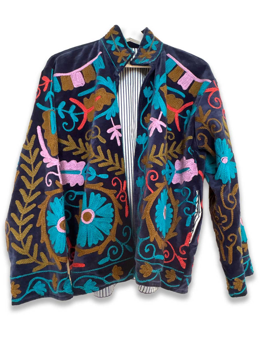 Navy Velvet Suzani Embroidered Womens Jacket - Pink, Turquoise, Brown & Orange Pattern