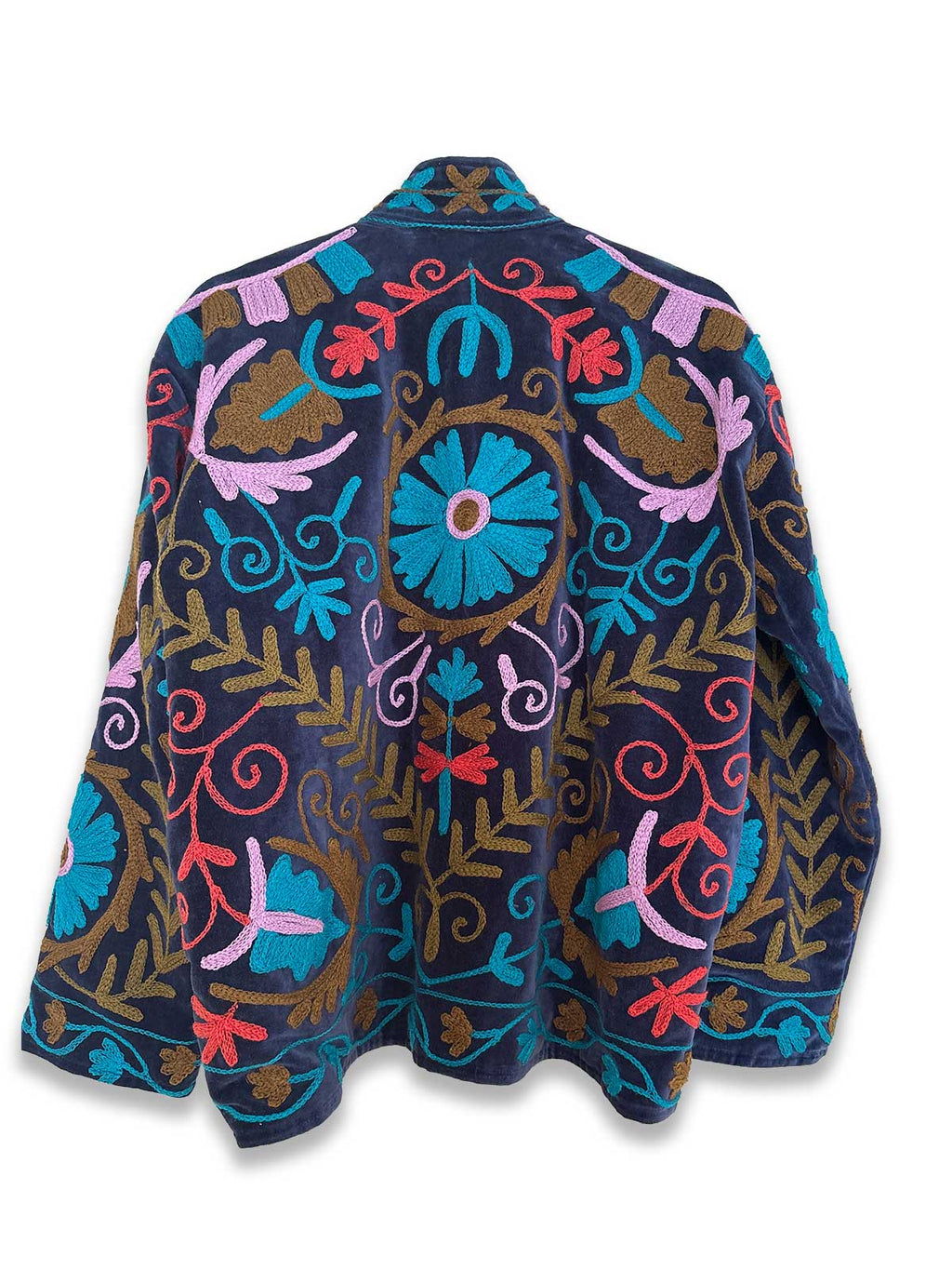 Navy Velvet Suzani Embroidered Womens Jacket - Pink, Turquoise, Brown & Orange Pattern
