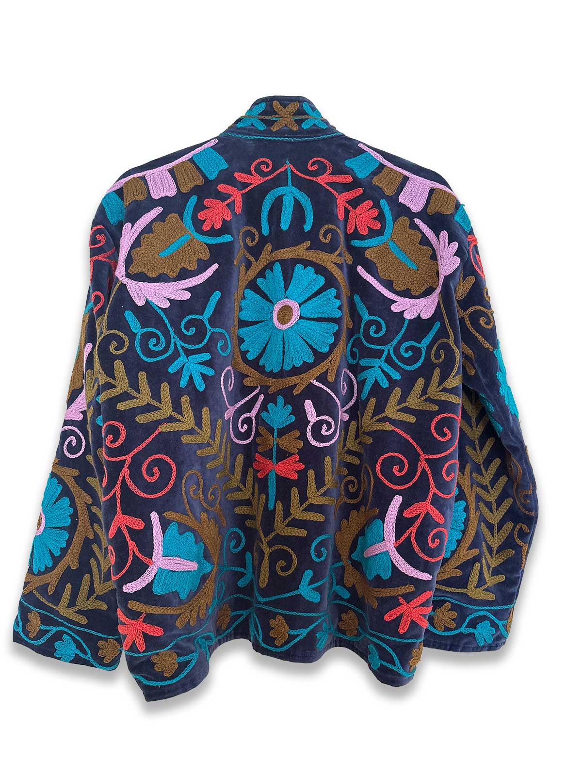 Navy Velvet Suzani Embroidered Womens Jacket - Pink, Turquoise, Brown & Orange Pattern