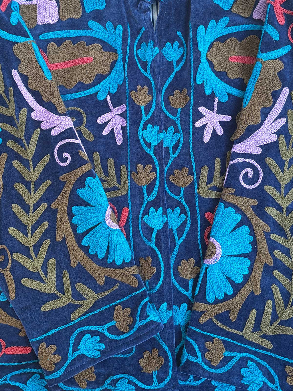 Navy Velvet Suzani Embroidered Womens Jacket - Pink, Turquoise, Brown & Orange Pattern