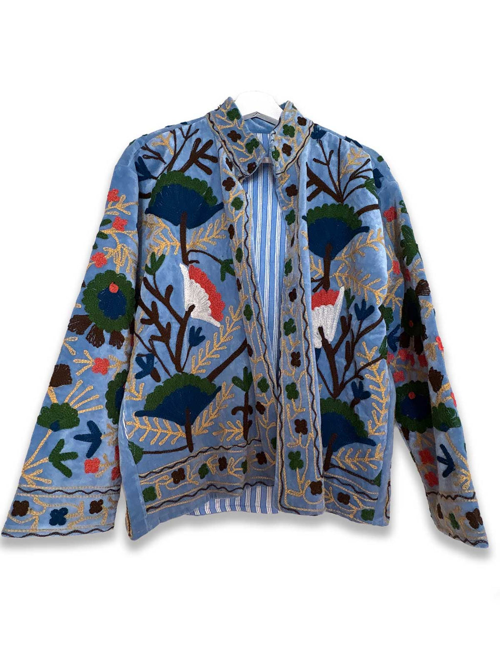 Light Blue Velvet Suzani Embroidered Womens Jacket - Multicoloured Floral Motif Pattern