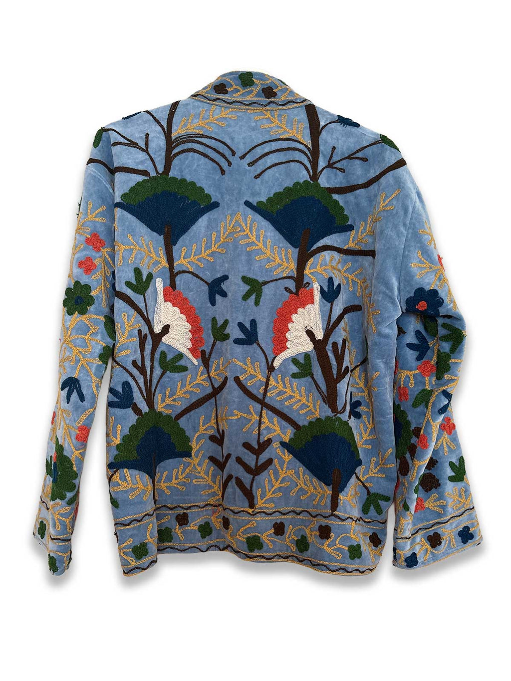 Light Blue Velvet Suzani Embroidered Womens Jacket - Multicoloured Floral Motif Pattern
