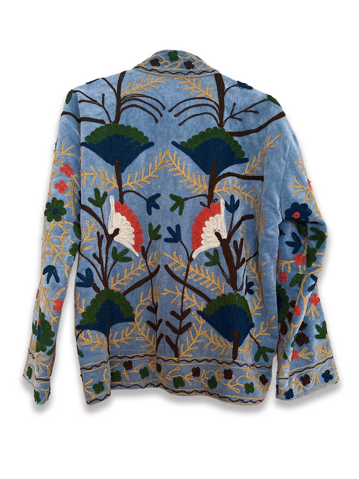 Light Blue Velvet Suzani Embroidered Womens Jacket - Multicoloured Floral Motif Pattern