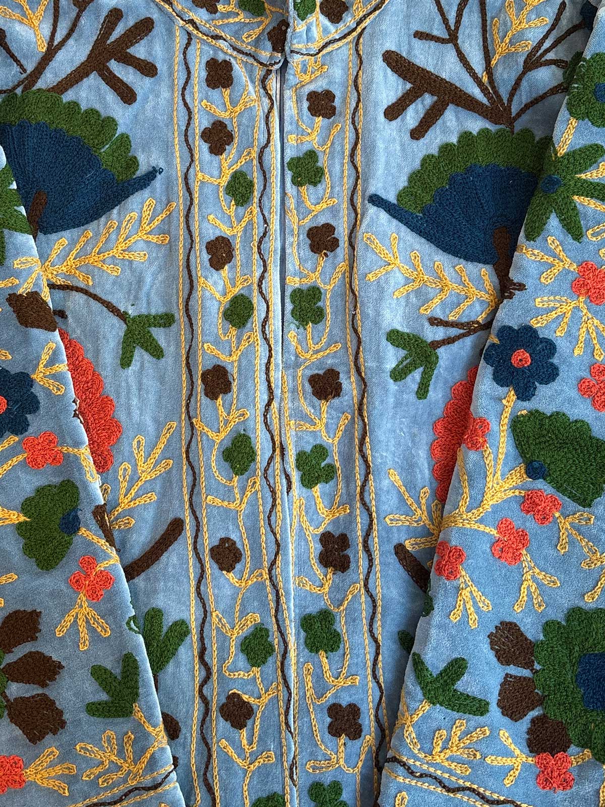 Light Blue Velvet Suzani Embroidered Womens Jacket - Multicoloured Floral Motif Pattern