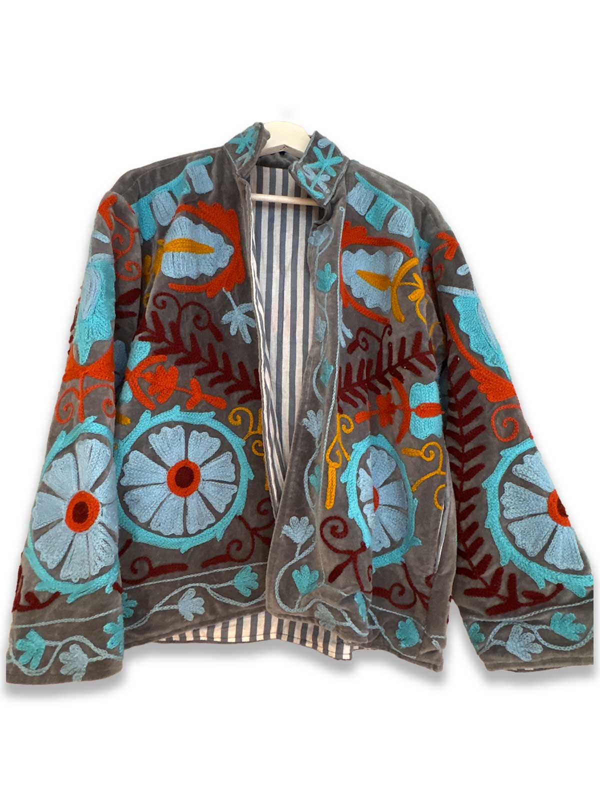 Grey Velvet Suzani Embroidered Womens Jacket - Turquoise, Blue & Burgundy Pattern