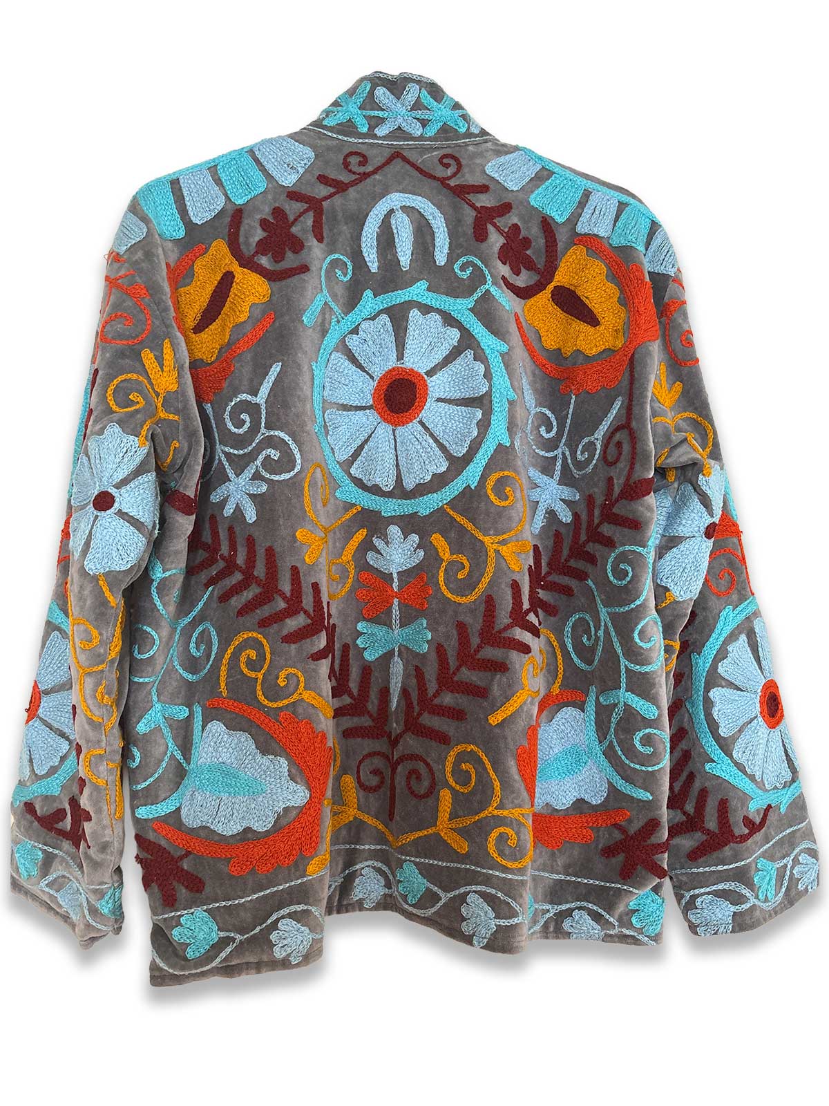 Grey Velvet Suzani Embroidered Womens Jacket - Turquoise, Blue & Burgundy Pattern