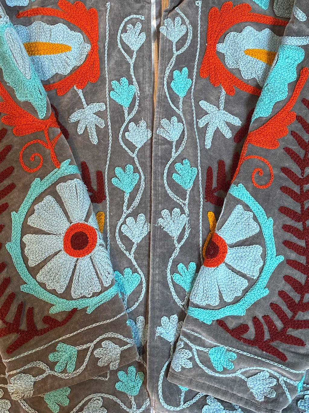 Grey Velvet Suzani Embroidered Womens Jacket - Turquoise, Blue & Burgundy Pattern