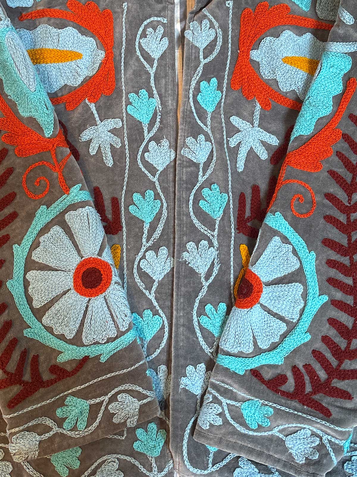 Grey Velvet Suzani Embroidered Womens Jacket - Turquoise, Blue & Burgundy Pattern