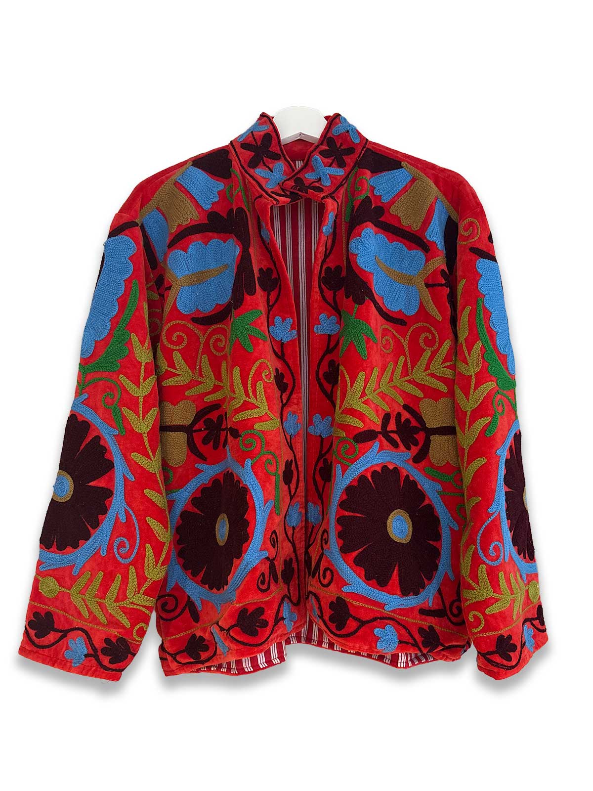 Tomato Red Velvet Suzani Embroidered Womens Jacket - Blue, Green & Burgundy Floral Pattern