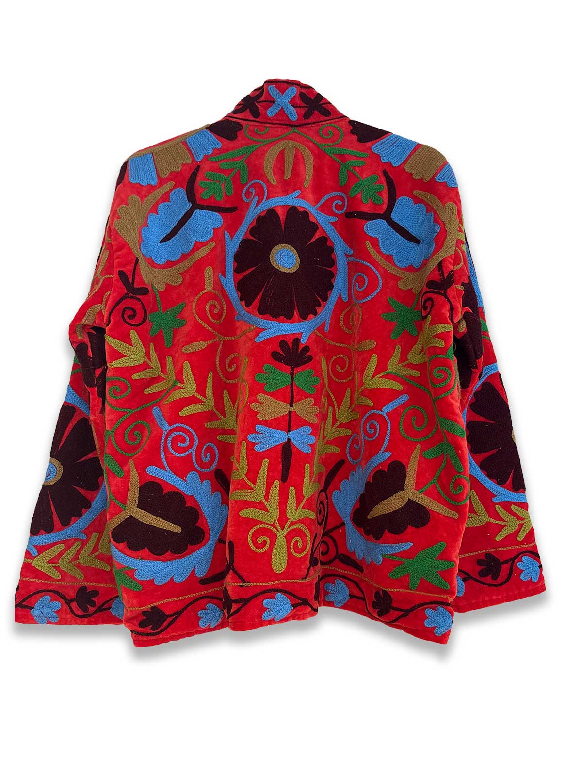 Tomato Red Velvet Suzani Embroidered Womens Jacket - Blue, Green & Burgundy Floral Pattern