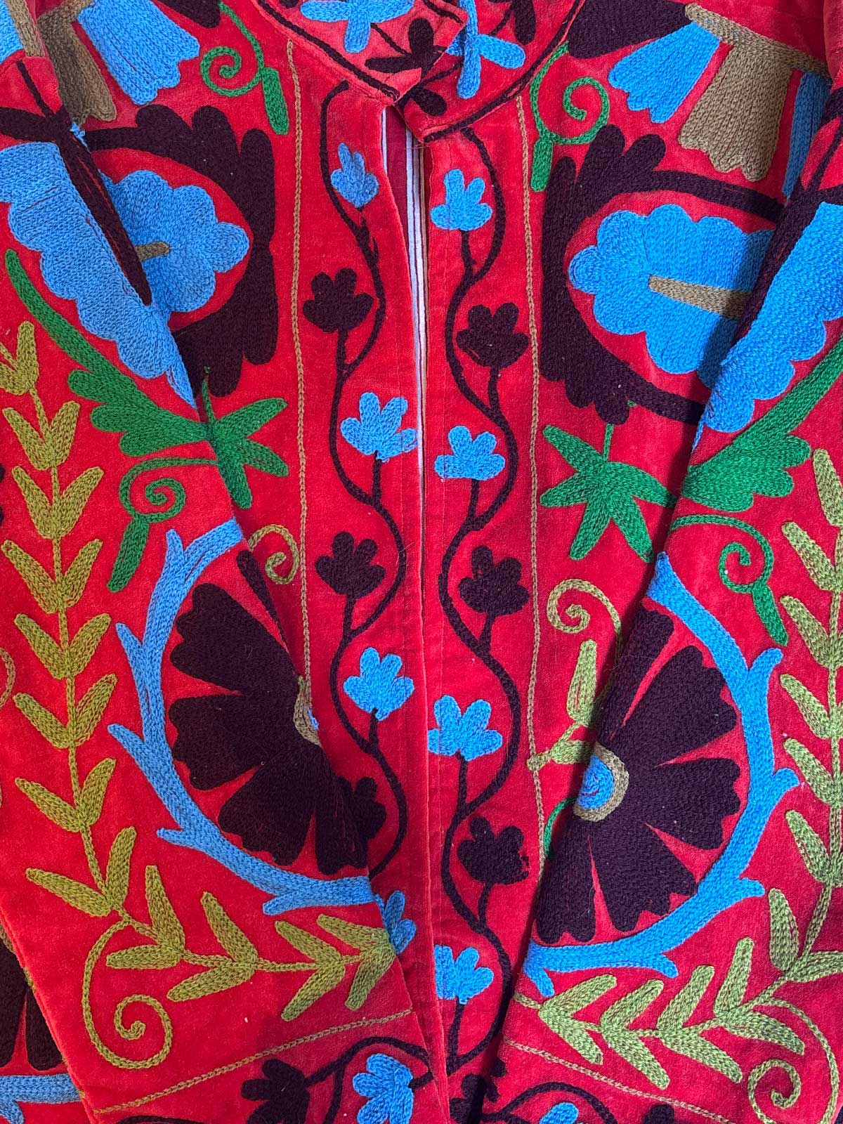 Tomato Red Velvet Suzani Embroidered Womens Jacket - Blue, Green & Burgundy Floral Pattern