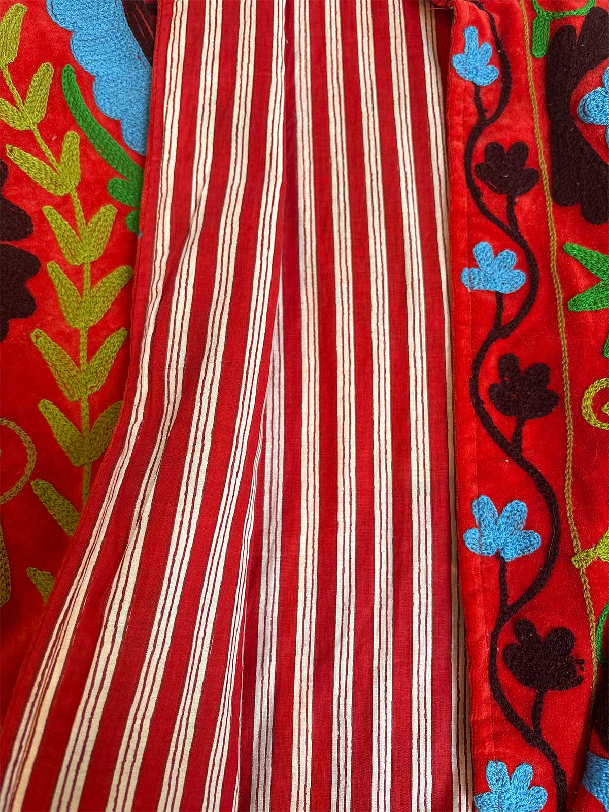 Tomato Red Velvet Suzani Embroidered Womens Jacket - Blue, Green & Burgundy Floral Pattern