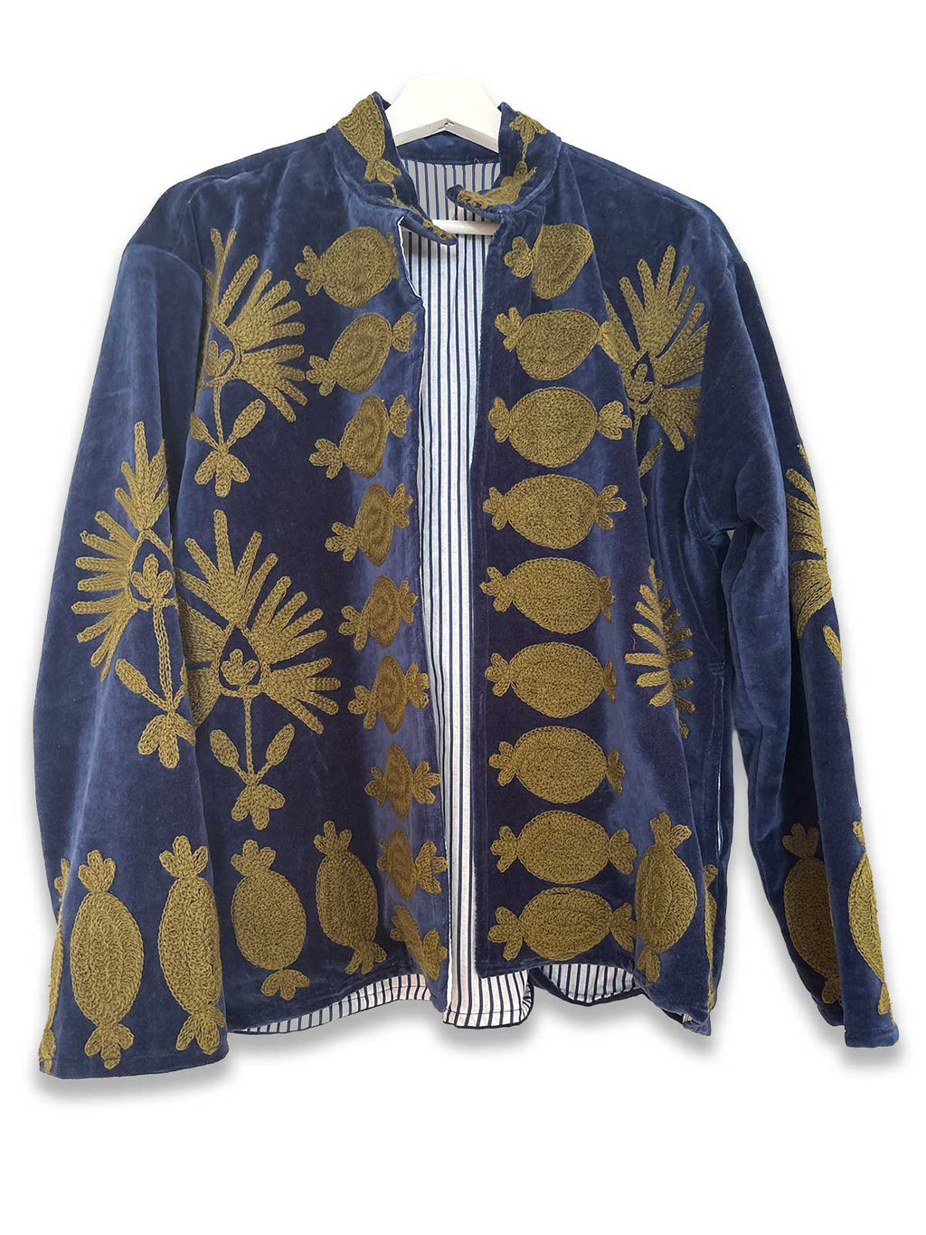 Navy Velvet Suzani Embroidered Womens Jacket - Golden Bonbon & Floral Motif Pattern