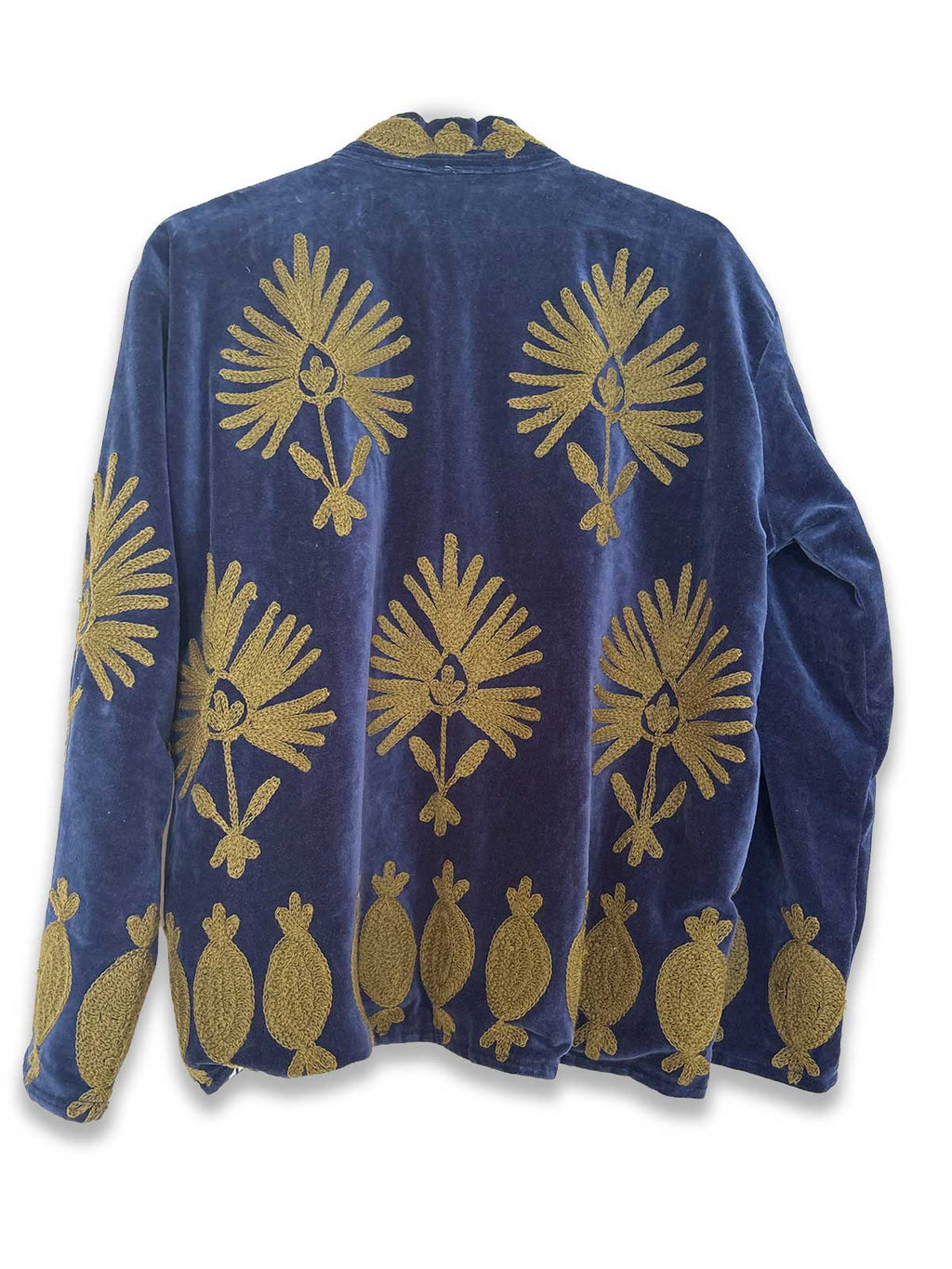 Navy Velvet Suzani Embroidered Womens Jacket - Golden Bonbon & Floral Motif Pattern