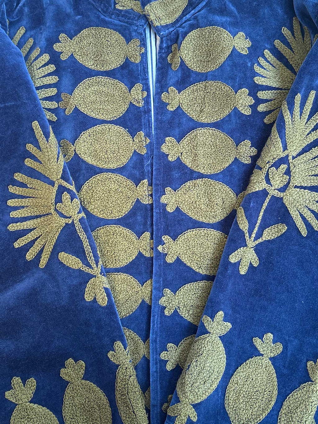 Navy Velvet Suzani Embroidered Womens Jacket - Golden Bonbon & Floral Motif Pattern
