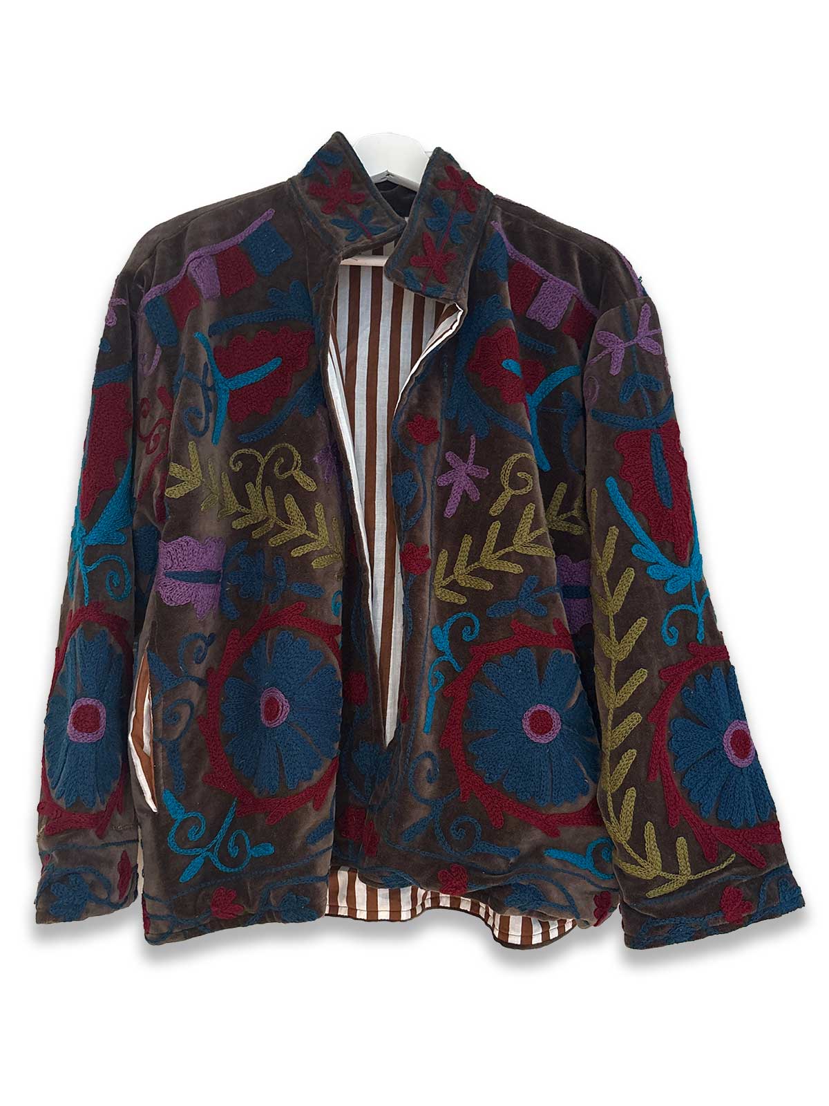 Brown Velvet Suzani Embroidered Womens Jacket - Teal, Burgundy, Pink & Gold Pattern