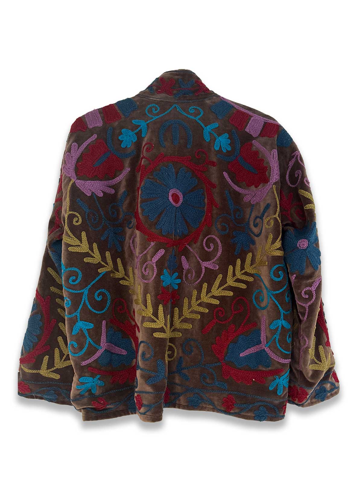 Brown Velvet Suzani Embroidered Womens Jacket - Teal, Burgundy, Pink & Gold Pattern