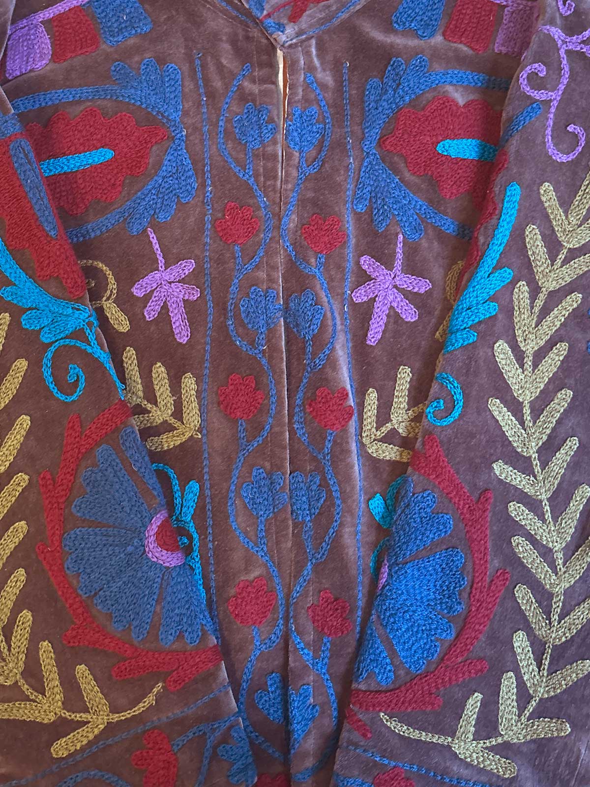 Brown Velvet Suzani Embroidered Womens Jacket - Teal, Burgundy, Pink & Gold Pattern