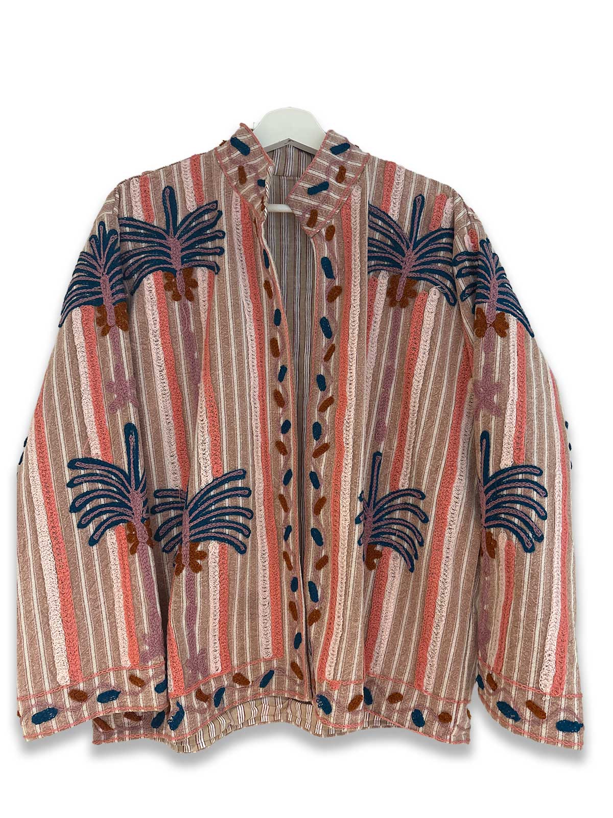 Coral Pink Striped Cotton Suzani Embroidered Womens Jacket - Blue & Hodden Grey Palm Motif Pattern