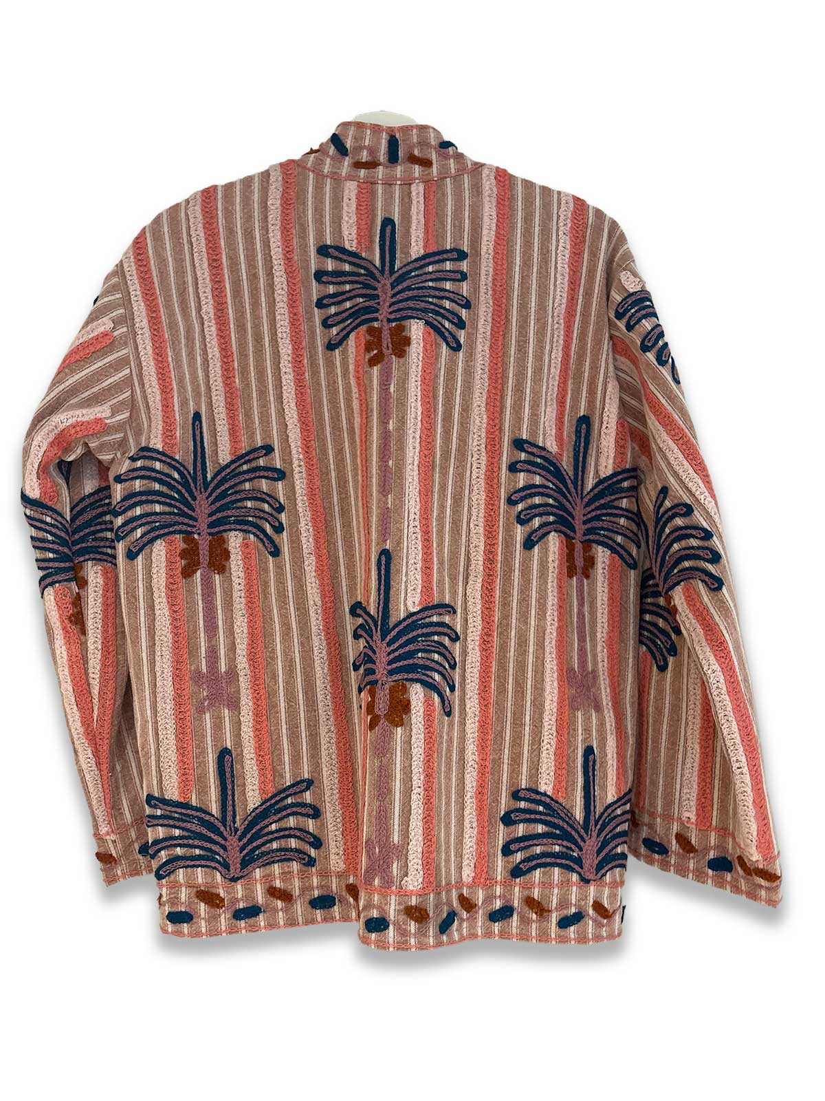 Coral Pink Striped Cotton Suzani Embroidered Womens Jacket - Blue & Hodden Grey Palm Motif Pattern