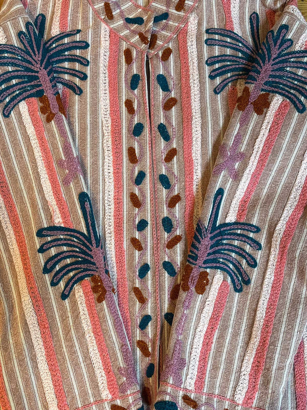 Coral Pink Striped Cotton Suzani Embroidered Womens Jacket - Blue & Hodden Grey Palm Motif Pattern