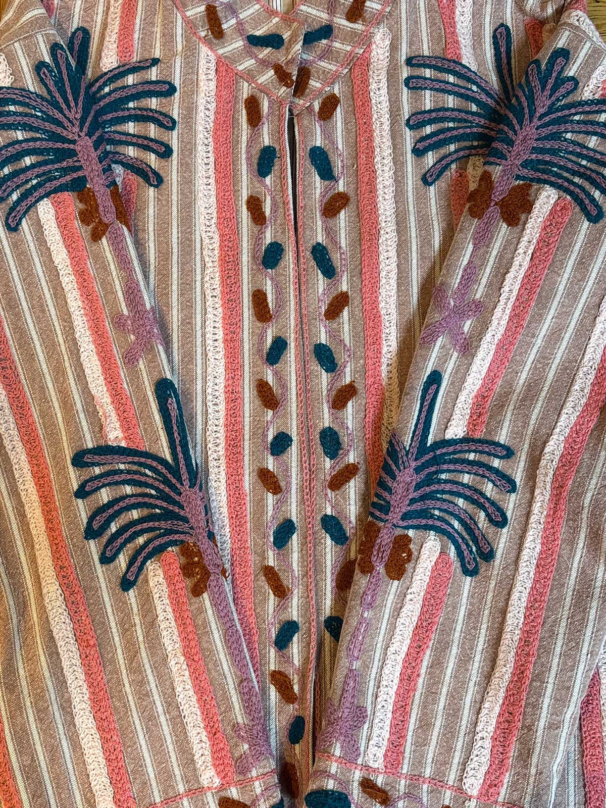Coral Pink Striped Cotton Suzani Embroidered Womens Jacket - Blue & Hodden Grey Palm Motif Pattern
