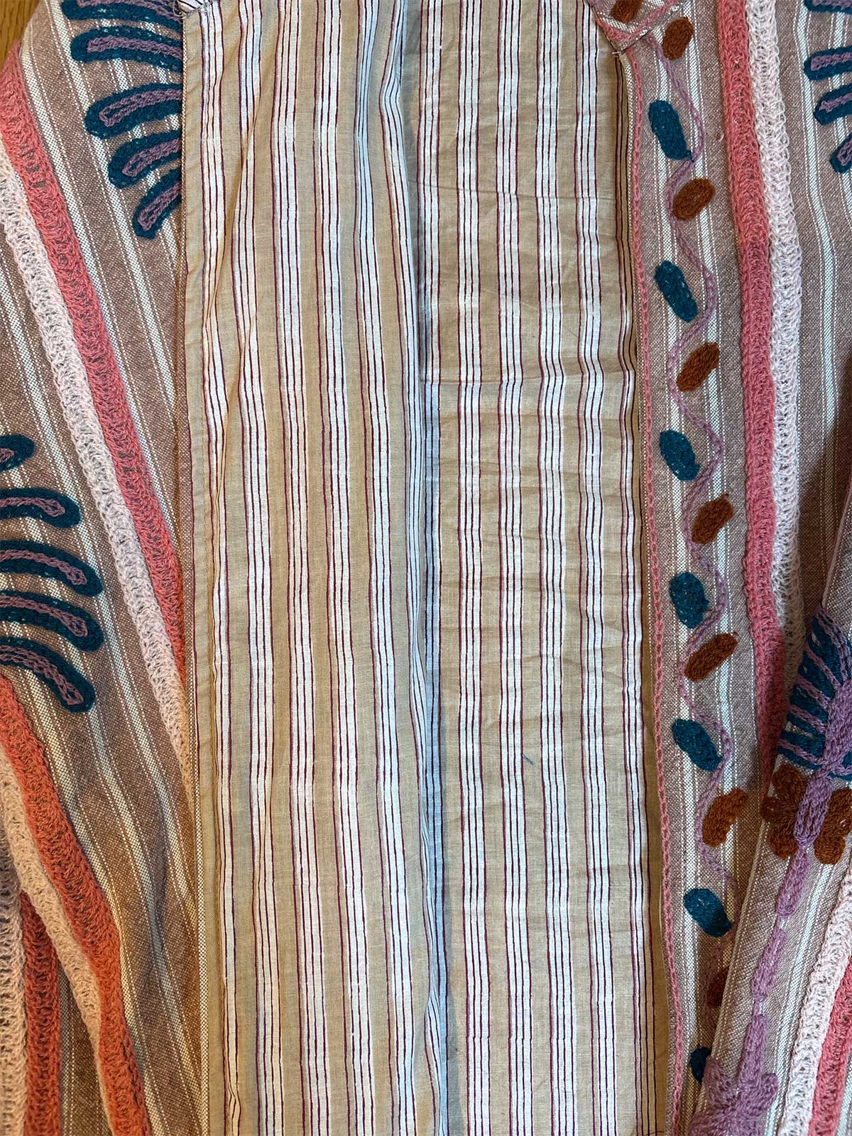 Coral Pink Striped Cotton Suzani Embroidered Womens Jacket - Blue & Hodden Grey Palm Motif Pattern